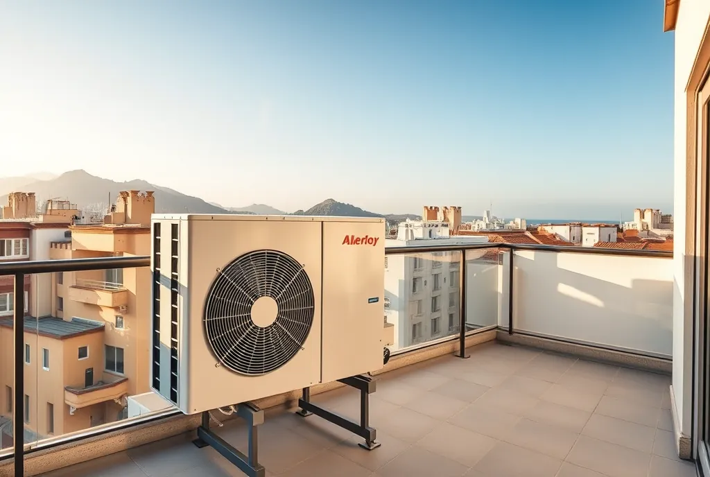 Unidad exterior de aerotermia en la terraza de un piso de Las Palmas de Gran Canaria